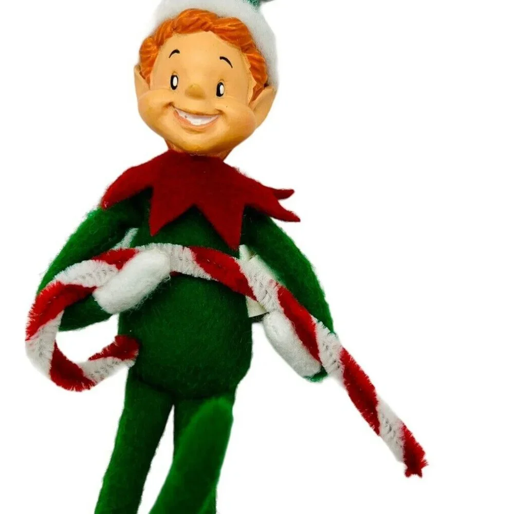 Seasons of‎ Cannon Falls Elf Pixie Ornament Green Candy Cane Poseable 8 inch